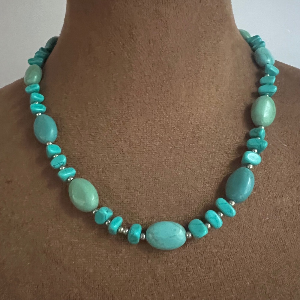 Chaps Faux Turquoise Beaded Statement Necklace Silver Tone 18-21" Southwestern